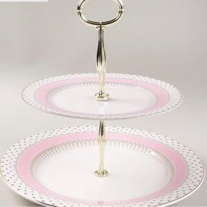 Grace’s Teaware Pin Dots Pink Two-Tier Serving Stand in Pink with Gold Handle